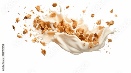 Falling crunchy muesli breakfast, oat granola with milk splash isolated on white background