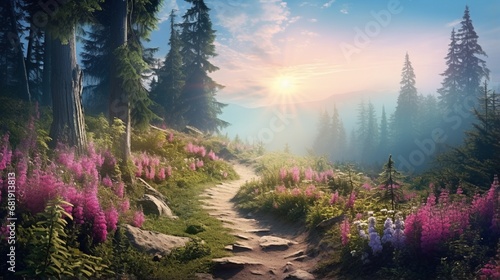 Fantasy fabulous wide panoramic photo background with autumnal pine tree forest, summer rose and bluebell campanula flower bush, flying blue butterfly and mysterious foggy trail road with copy space