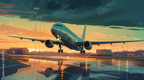 An Illustration of a Passenger Jet Taking Off or Landing on an Airport Tarmac