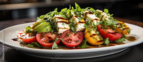 In a bright white kitchen, a delicious and healthy appetizer is being prepared - an enticing salad featuring green leafy vegetables, vibrant red tomatoes, white cheese, and fresh fruit, complemented