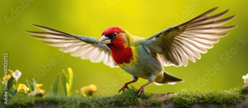 In the lush green meadow, a colorful bird with glossy feathers perched on a branch, ready to fly. The European Finch, a passerine species, fluttered its wings gracefully, landing on the bird feeder to