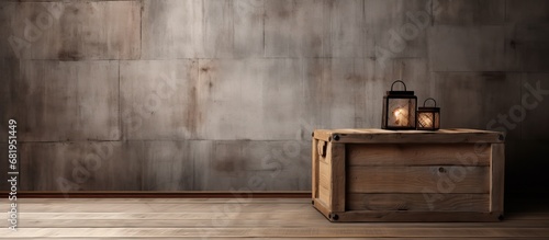 In a dimly-lit room, an old wooden crate with a retro design leaned against the textured wall, holding a new oak table on the hardwood floor, its grain showcasing the beauty of the timber.