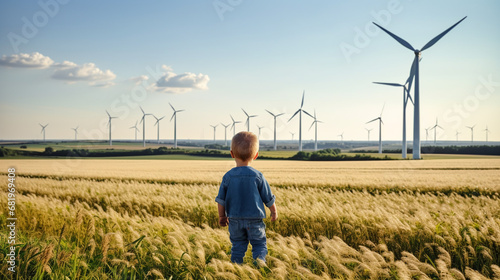 Back view of little boy look at wind turbines at field. Eco living concept