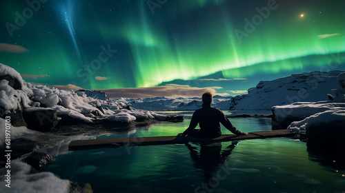 relaxing in geothermal hot pool under northern lights with enjoying beautiful sky view