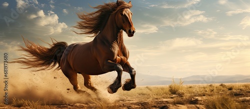 On a scorching summer day, the brown horse with a flowing mane gallops across the grassy meadow, kicking up sand as the hot sun beats down on its half-pin off lighting.
