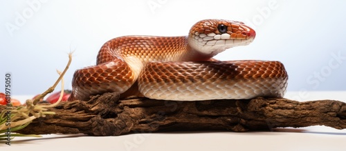 In a studio, an isolated brown Corn snake, a white pet reptile, can be seen feeding on a mouse, a rodent, against a white background, embracing its predator nature, as a Pantherophis guttatus, or Rat