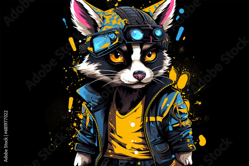 character design of a cyberpunk style raccoon