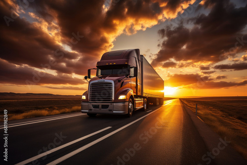 A truck driving on the asphalt road at sunset with dark clouds.