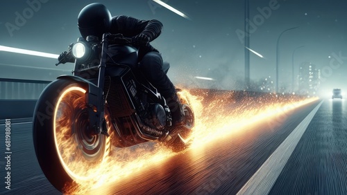 The motorcyclist is running away from the car that is being shot at. The tires of the engine are on fire due to the high speed and are burning. 3D image in gaming style as a long shot