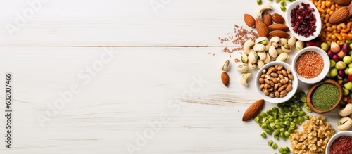 In the top view of a food-filled plate, a healthy array of ingredients, including walnuts, almonds, peanuts, raisins, cashews, hazelnuts, and pistachios, are scattered amidst a variety of seeds and