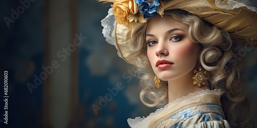 French woman in 18th century costume tones of blue and yellow, generative AI