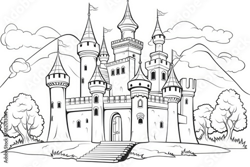 Coloring page castle for kids relax chill antistress. Generative AI