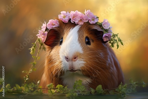 Adorable guinea pig in a flower crown. Generative AI