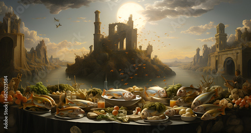 Movie Set With Fantasy World Elements, Generative AI, Castle middle earth old church city medieval, A magical fairy-tale castle perched on a hill, spires reaching for the sky, and a rainbow arching