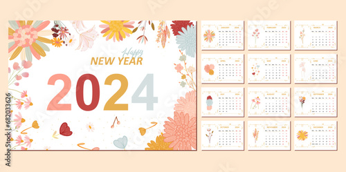Floral calendar template for 2024 . horizontal design with abstract colorful flowers. Vector illustration template printable desk calendar. Week starts on Monday.