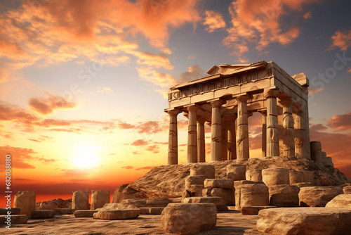 The scenic landscape view of an ancient Greek rock temple with Doric column ruin in the evening twilight time. Generative AI.