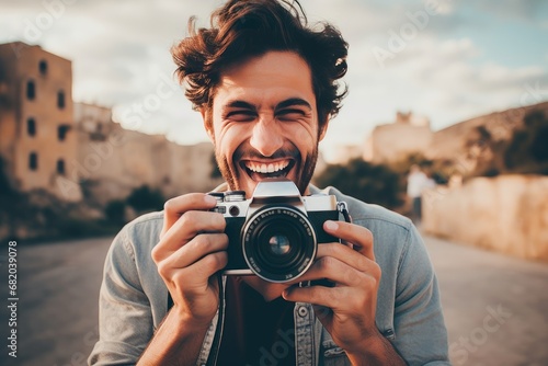 Photo of a beaming young man capturing memories with his camera. Generative AI