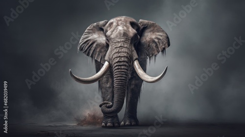  a painting of an elephant with tusks and tusks on it's tusks, standing in front of a dark, foggy background.