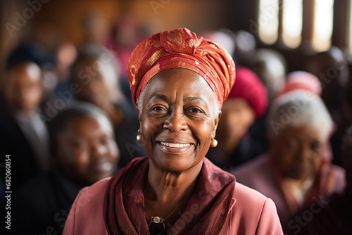 Portrait of a happy senior African American woman in church. Faith and religion