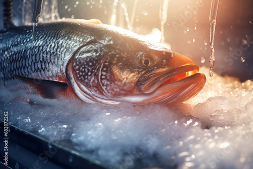 Fresh salmon or trout fish on ice, ready for cooking. Storing fresh chilled fish. Whole salmon.