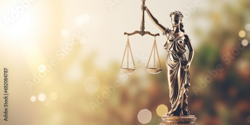 statue of Lady Justice with scales of justice on light background, with space for text