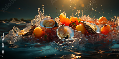 illustration of oysters with fruits in water splash