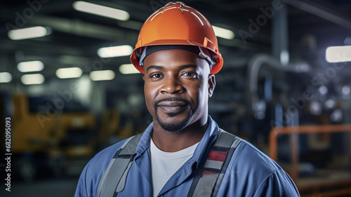 Portrait african american professional engineer factory. Engineering worker in safety hard hat at factory industrial facilities.