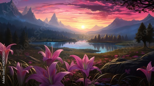 Beautiful scene of nature, Paintings of sunsets over mountain lakes, rivers, blooming orchids, and tranquil meadows 