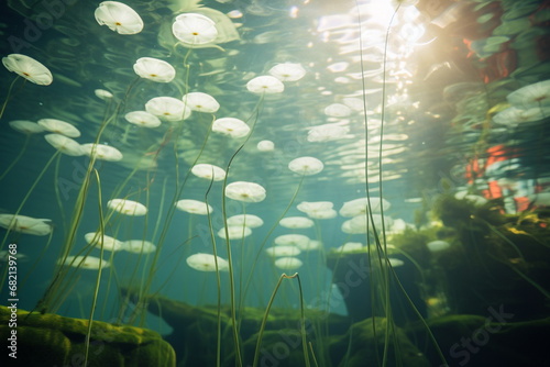 idea of interconnectedness is represented by floating lily pads, which act as a link between underwater realm and world above