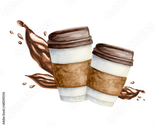 Takeaway coffee cups with splashes and drops watercolor illustration isolated on white background for bakery and cafe flyers and manus