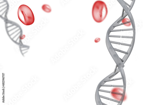 Digital png illustration of dna chain and red blood cells with copy space on transparent background