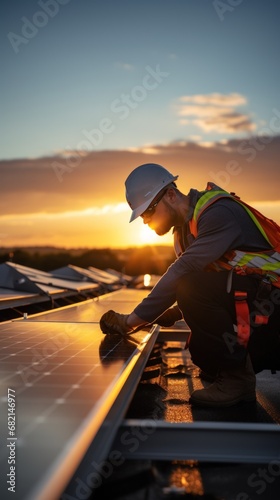 Technician works with solar panels in field with clouds and sunset background.