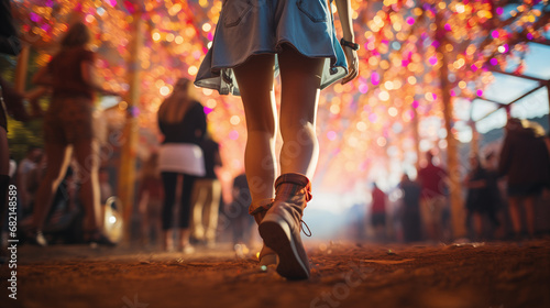 Close-up low angle shot of woman legs, Girl wearing jeans scirt walking at the festival sity street, colourful background