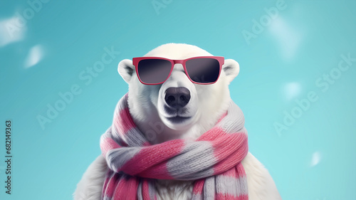 Hand drawn cartoon illustration of cute polar bear wearing scarf 