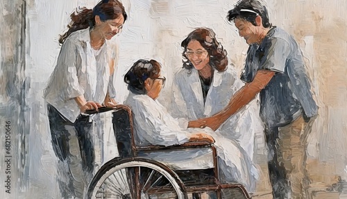 車椅子に乗ってる人を手助けする医療現場の人 イラスト
