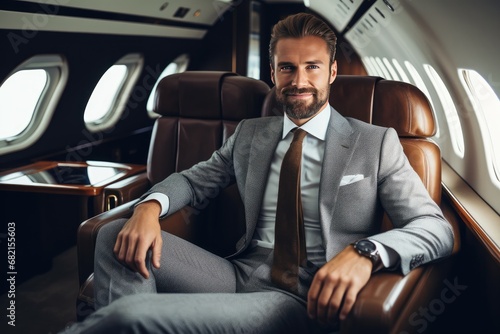 Businessman In First Class Cabin Or Private Jet. Сoncept Luxury Travel, Exclusive Accommodations, Business Class Experience, Private Jet Travel, Upscale Commute