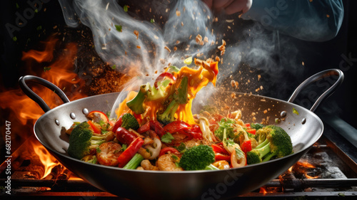 Chef cooking stir fry noodles with vegetables in wok pan on fire