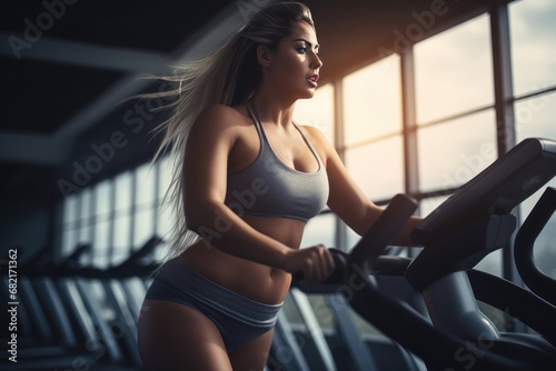 Overweight Woman Exercising In Gym For Health And Weight Loss