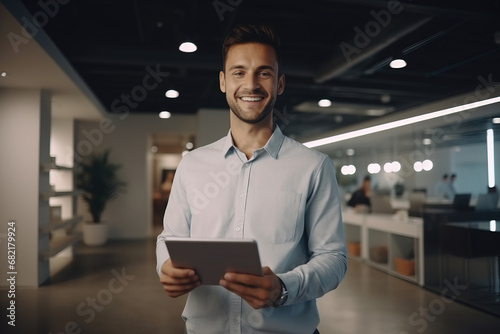A financier man in business clothes smiles, in a jacket and shirt uses a computer tablet to work online. Workplace in the office.