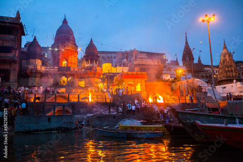 Funeral pyres at Manikarnika Ghat, Varanasi, Banaras, Benaras, Kashi, Uttar Pradesh, India
