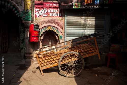 Hand cart with clay cups kulhad, Varanasi, Banaras, Benaras, Kashi, Uttar Pradesh, India