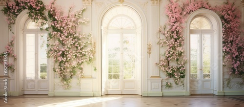 In the summer, as one strolls through the elegant white house, the eye is captivated by the abstract floral design on the walls, showcasing the delicate beauty of flower textures, bringing the essence