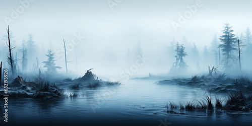 Swamp with trees in misty fog at sunrise. Tranquil, moody landscape. Generative AI