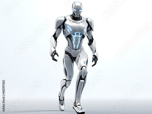 one modern futuristic humanoid robot made from white plastic walk on white background. alone android robot full length body walking on white backdrop. cyberspace. generative ai