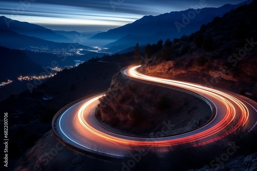 AI illustration of a long exposure of a curving road lit up by the headlights of a car.