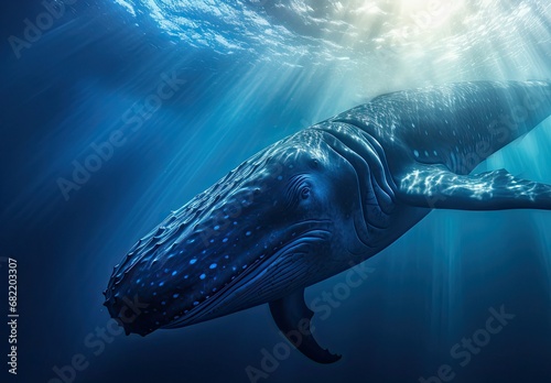 Humpback whale playing near the surface in the blue water of the ocean