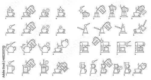 Make tea and coffee brew, preparation instruction and brewing process vector icons. Tea and coffee brew instruction icons of hot water cup or teabag with kettle pot and temperature or time of brewing