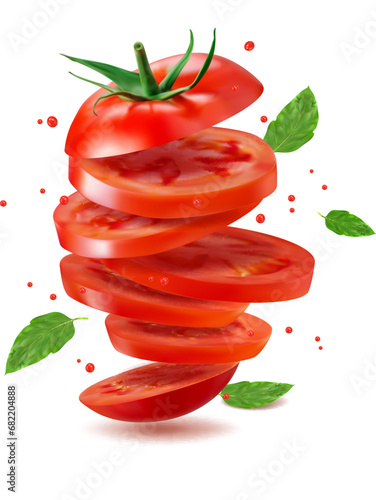 Realistic flying tomato slices with green leaves, isolated vector for food package. Sliced tomato rings with drops splash in motion for tomato juice, sauce or ketchup and vegetable product packaging