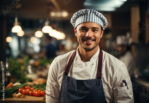 Handsome white men wearing chef costume and hat, vegetable and kitchen equipment on the background