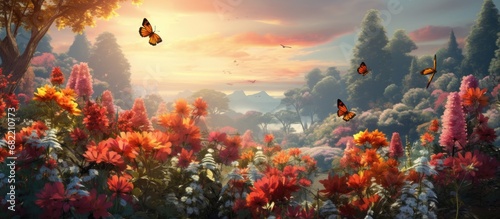 beautiful summer forest of Europe, the colorful flowers create a vibrant background against the silver hues of nature, while butterflies dance gracefully, adding an enchanting touch to the